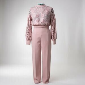 Lace Long Sleeve Mauve Wide Leg Jumpsuit Embroidered Formal Wear Women’s Small
